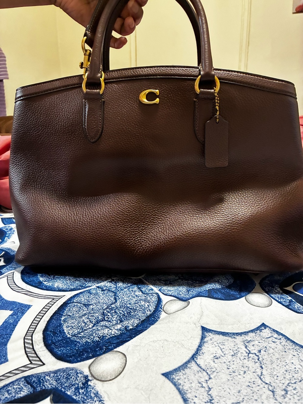 Coach Dark Brown Pebbled Leather Top-Handle Satchel with Gold Hardware